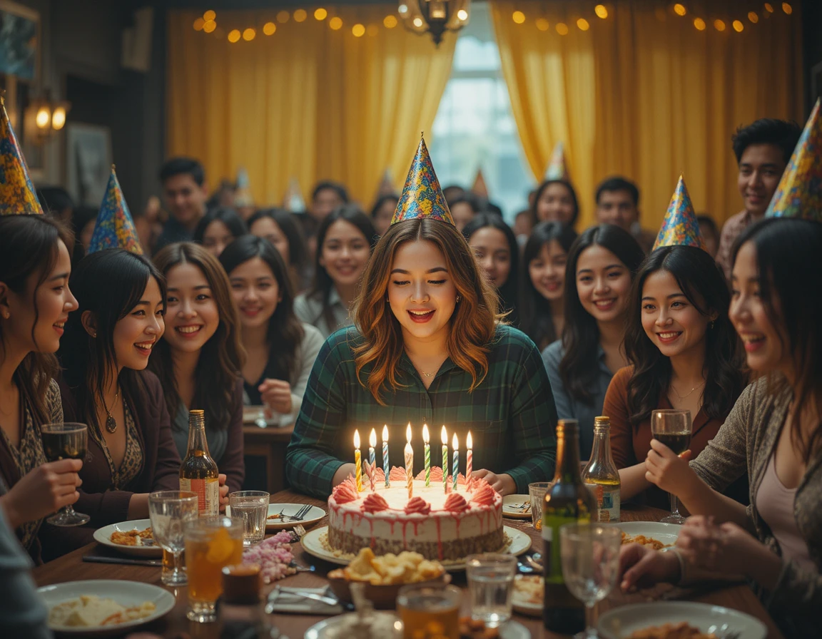 Amici festeggiano un compleanno mentre una donna spegne le candeline sulla torta