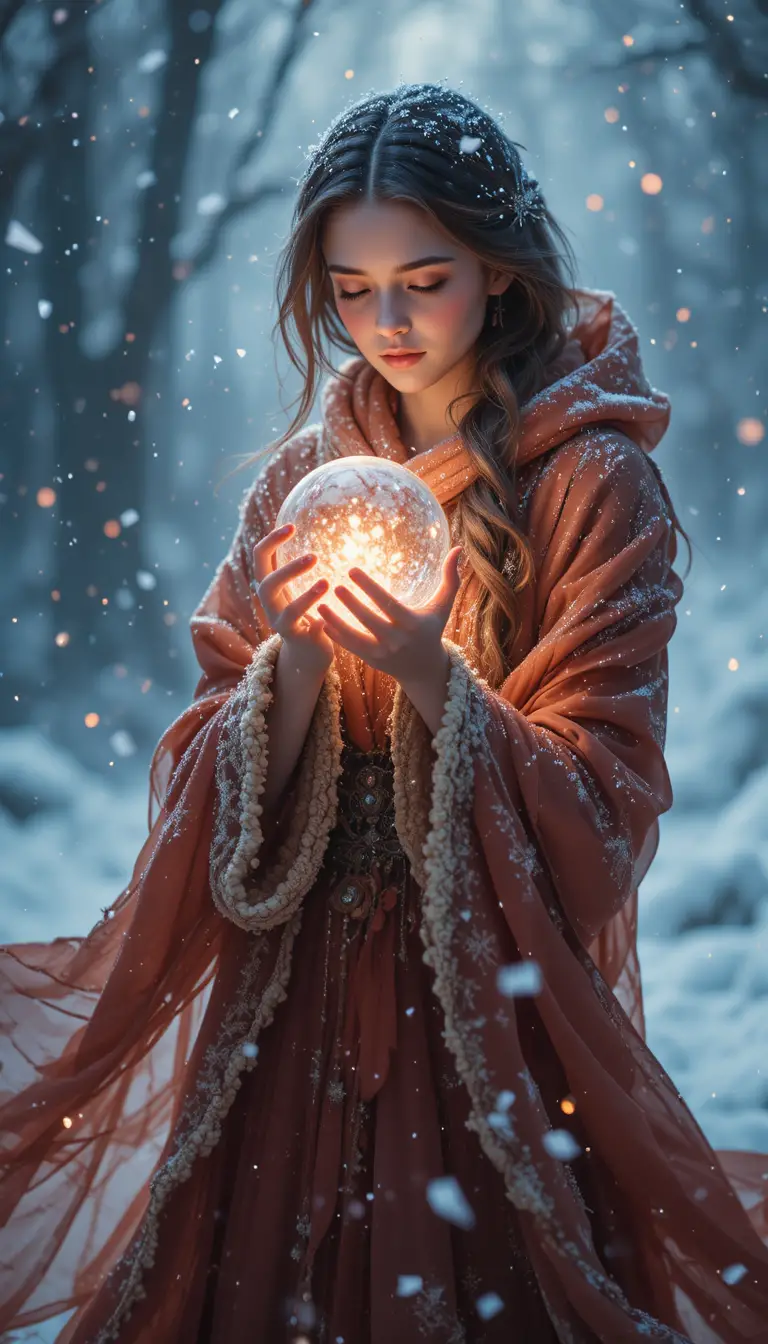 Femme tenant un orbe lumineux sous une neige légère