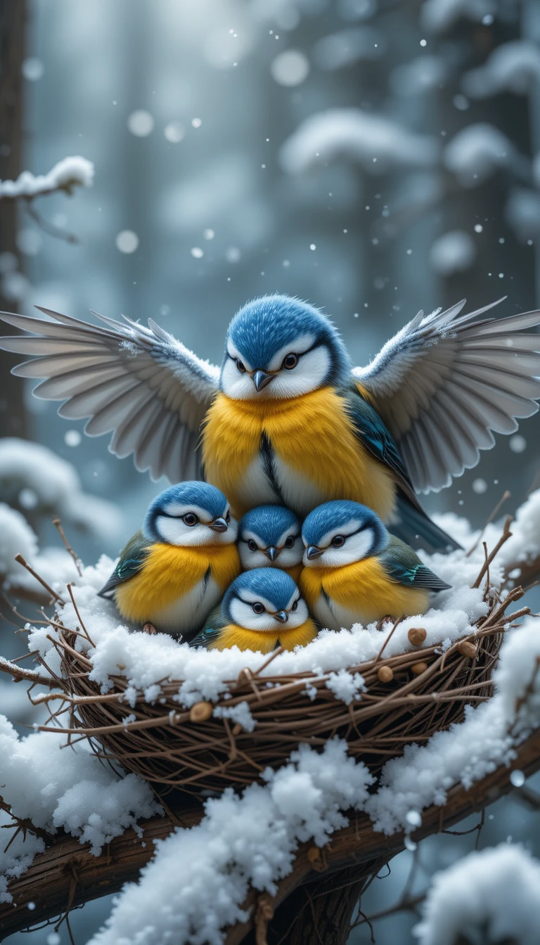 Colorata famiglia di uccelli canori rannicchiata in un nido nella foresta innevata