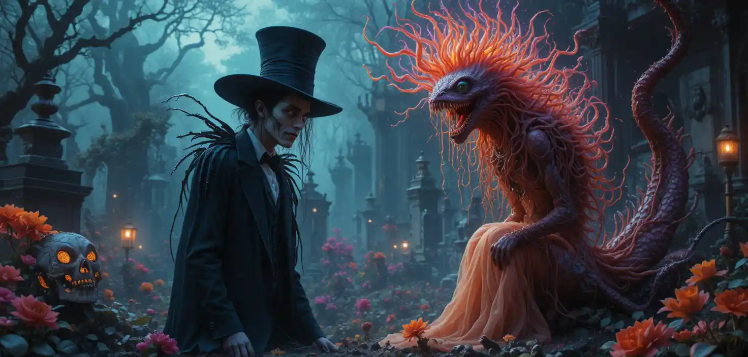 Mostri colorati e stravaganti in un cimitero fantasy retrò