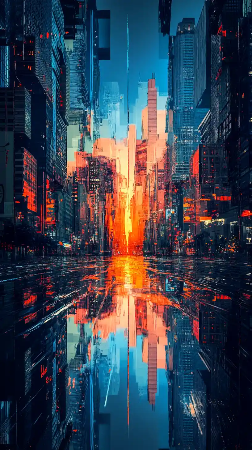 Stilisierte geteilte Stadtansicht mit Nacht- und Sonnenaufgangsreflexionen