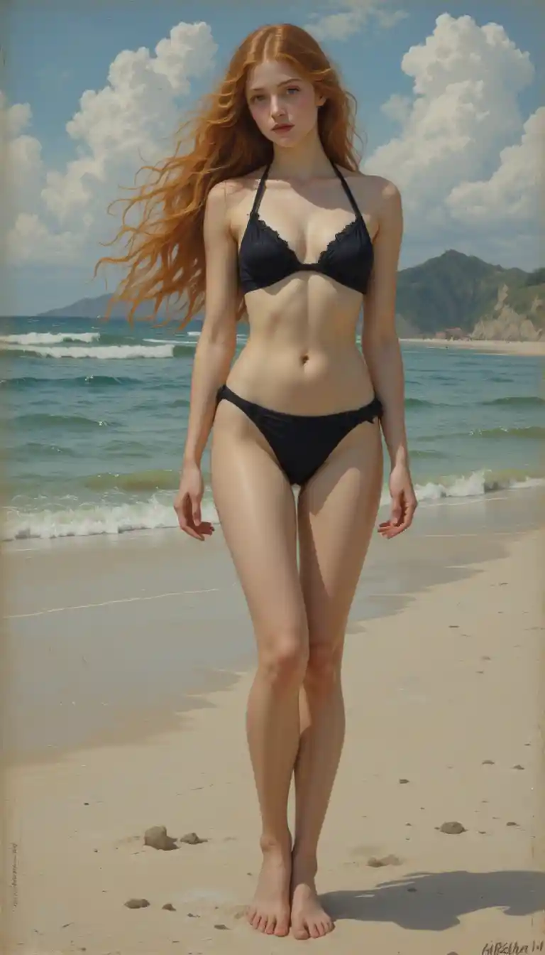 긴 붉은 머리에 검은 비키니를 입은 프리라파엘파 해변 여성