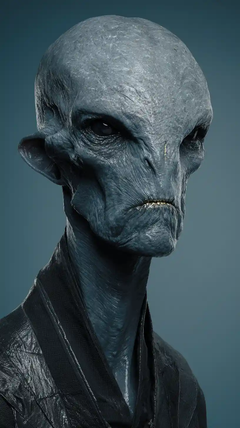 Créature humanoïde sinistre en latex noir sur fond bleu