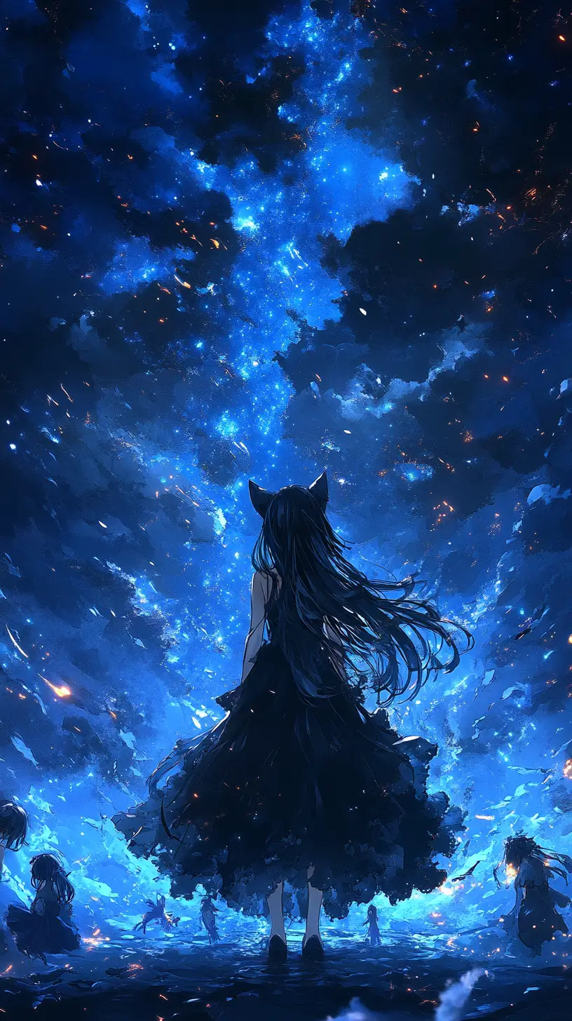 Anime cat eared girl in a sparkling black evening gown