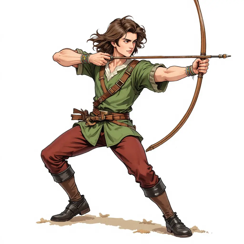 Jeune archer en tunique verte visant avec son arc sur fond blanc