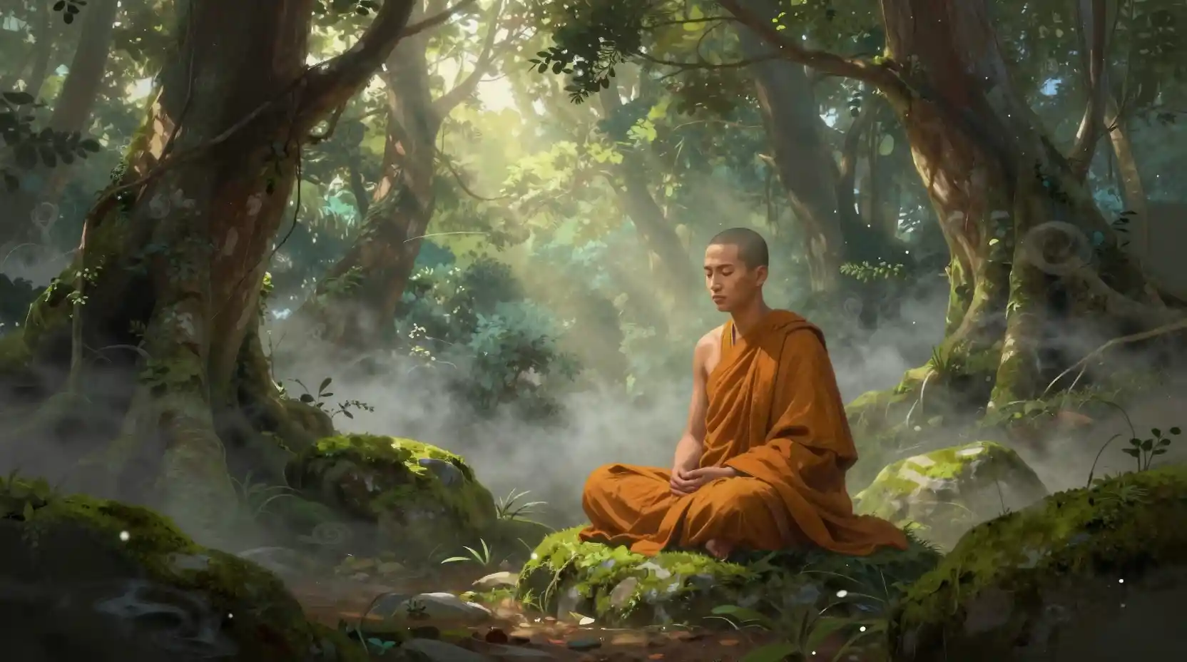 Solitary Monk Meditating In Sunlit Ancient Forest Grove