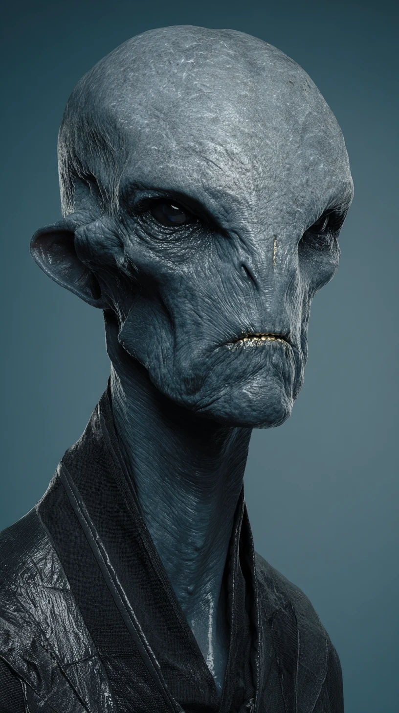 Criatura humanoide sinistra em látex preto contra fundo azul
