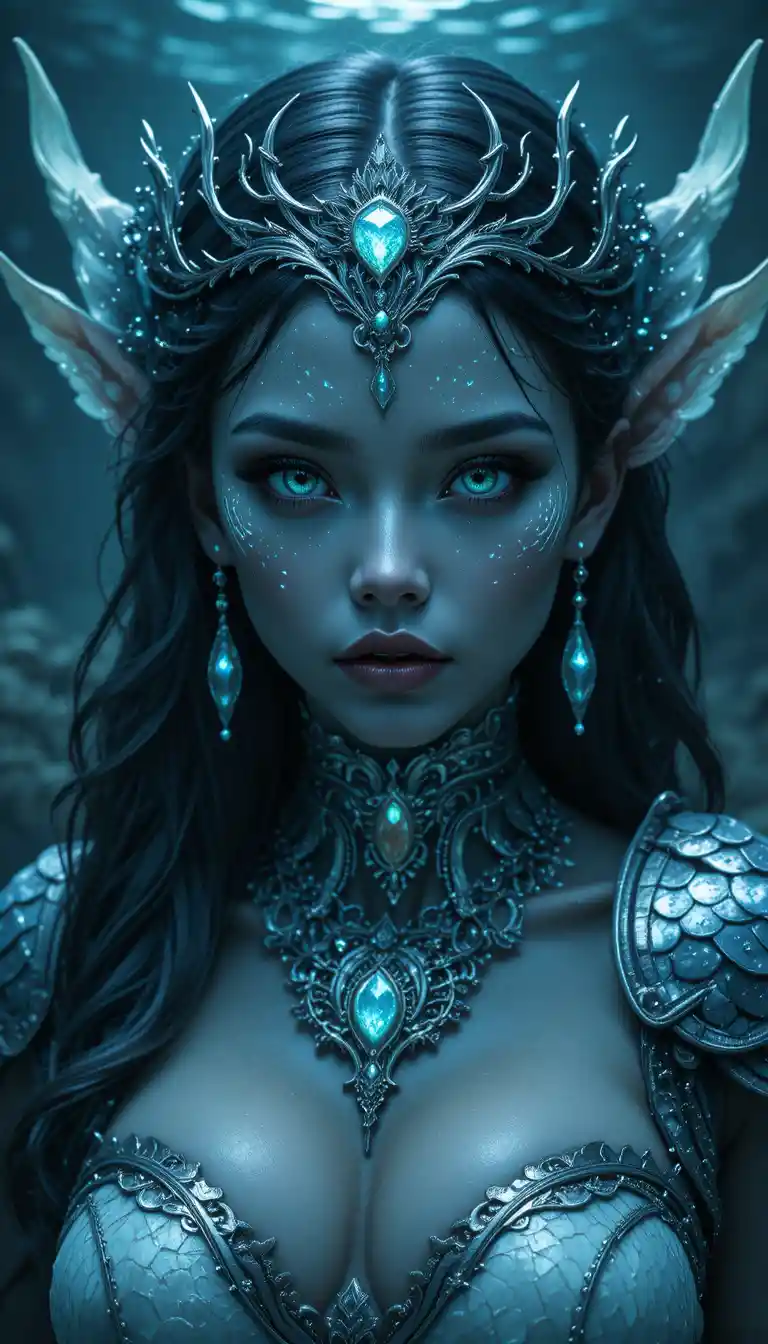 Bioluminescent siren woman in an underwater fantasy portrait