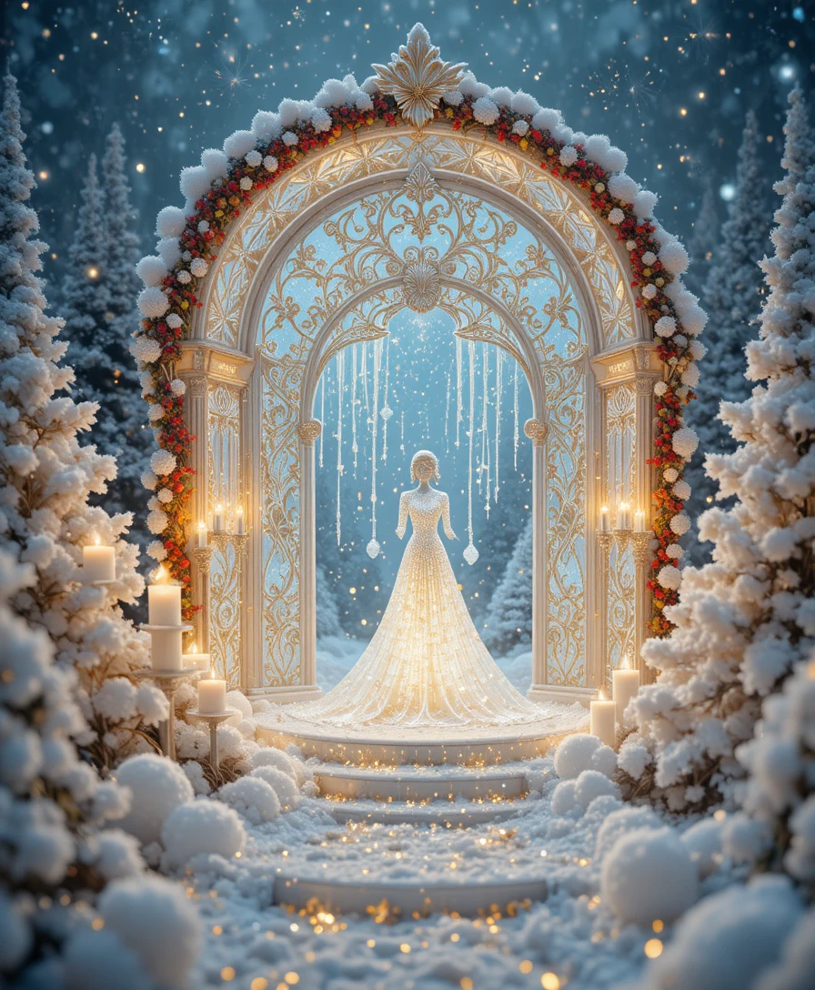 Candeliere in primo piano in decorazione invernale bianca