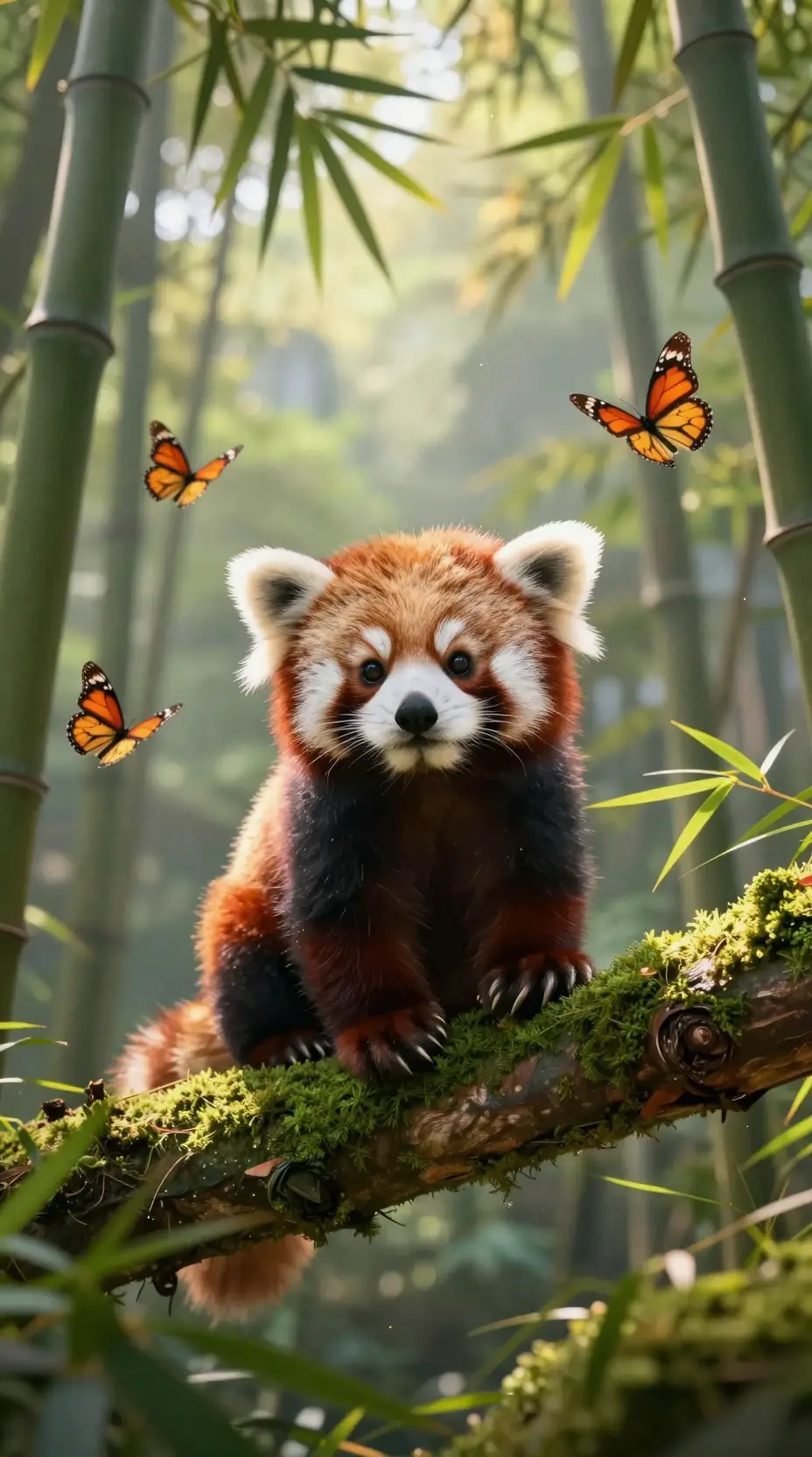 Baby red panda on mossy branch in bamboo forest