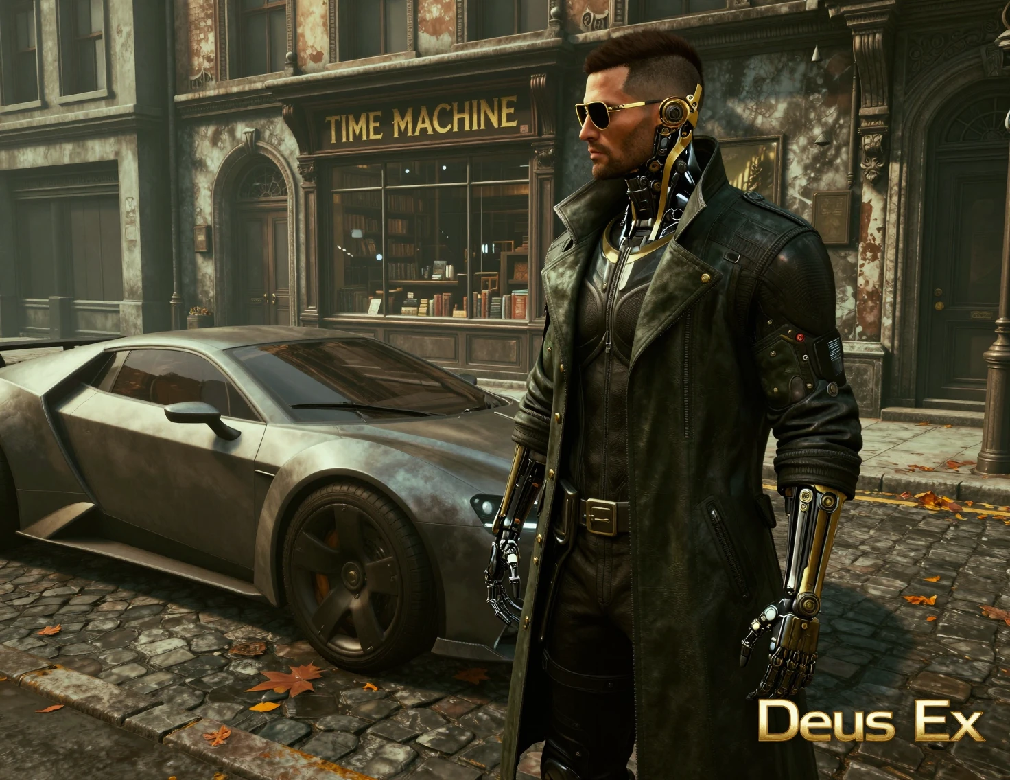 Augmented detective on a futuristic car lined european street