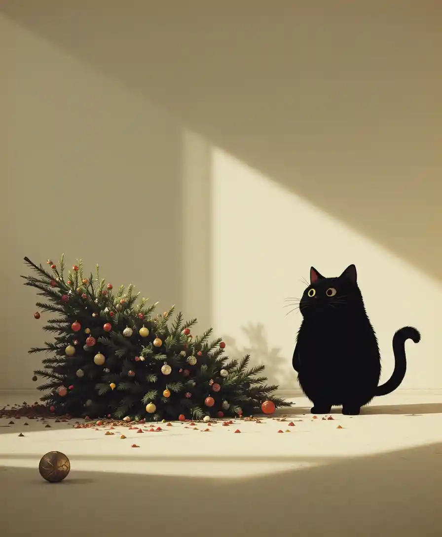 Minimalist scene of a toppled Christmas tree and shocked cat
