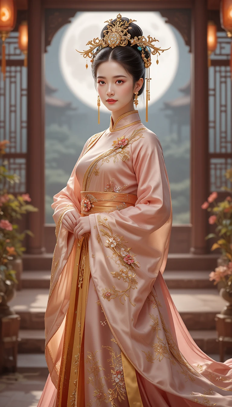 Regina cinese in hanfu rosa nella sala di un palazzo imperiale
