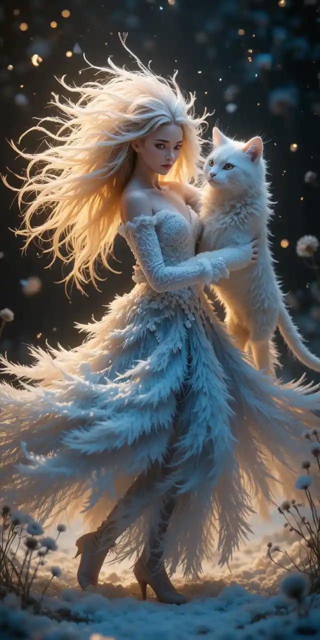 Frozen feather woman dancing with giant cat in snow