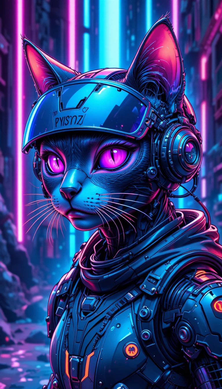Futuristic cyberpunk cat with neon visor and gear