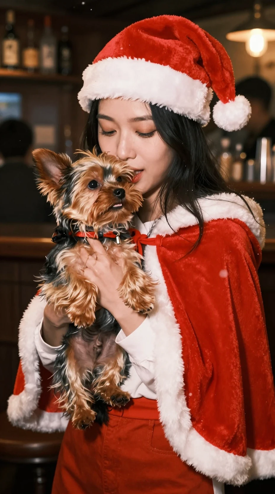 Chiot Yorkshire Terrier Jouant avec une Femme en Tenue de Mère Noël