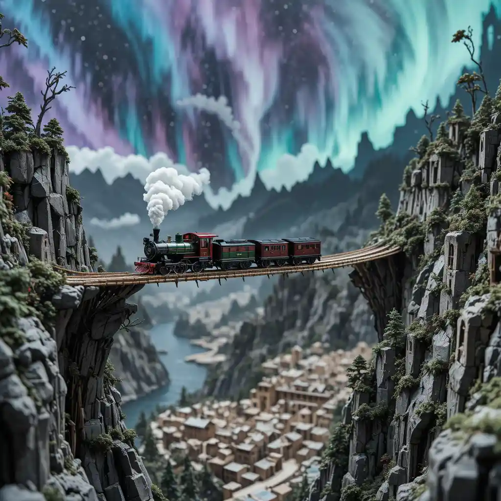 Stained glass steam train crossing a fragile rope bridge