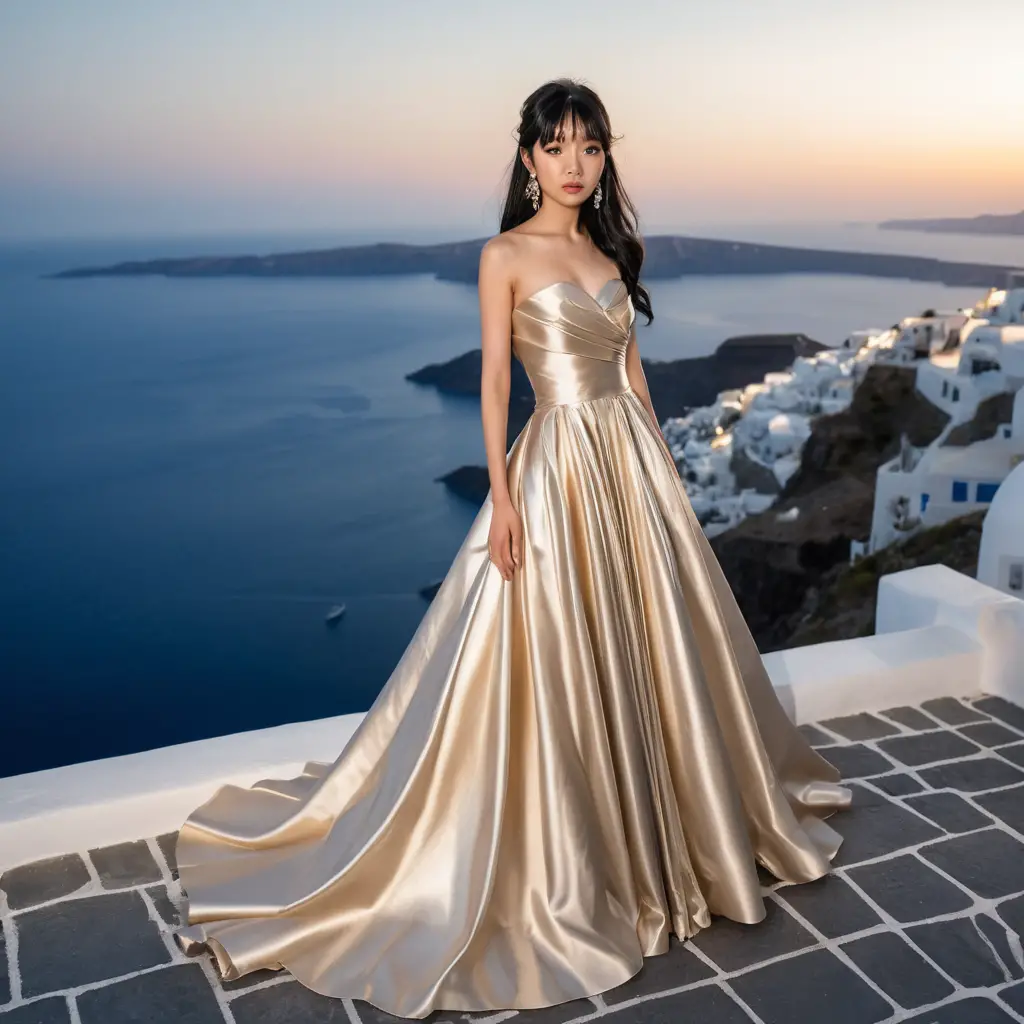 Elegante mulher japonesa em vestido de cetim dourado à noite em Santorini