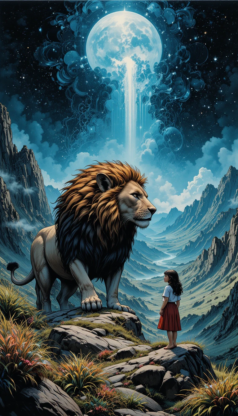 Mountain lion watching a girl in a vast fantasy landscape