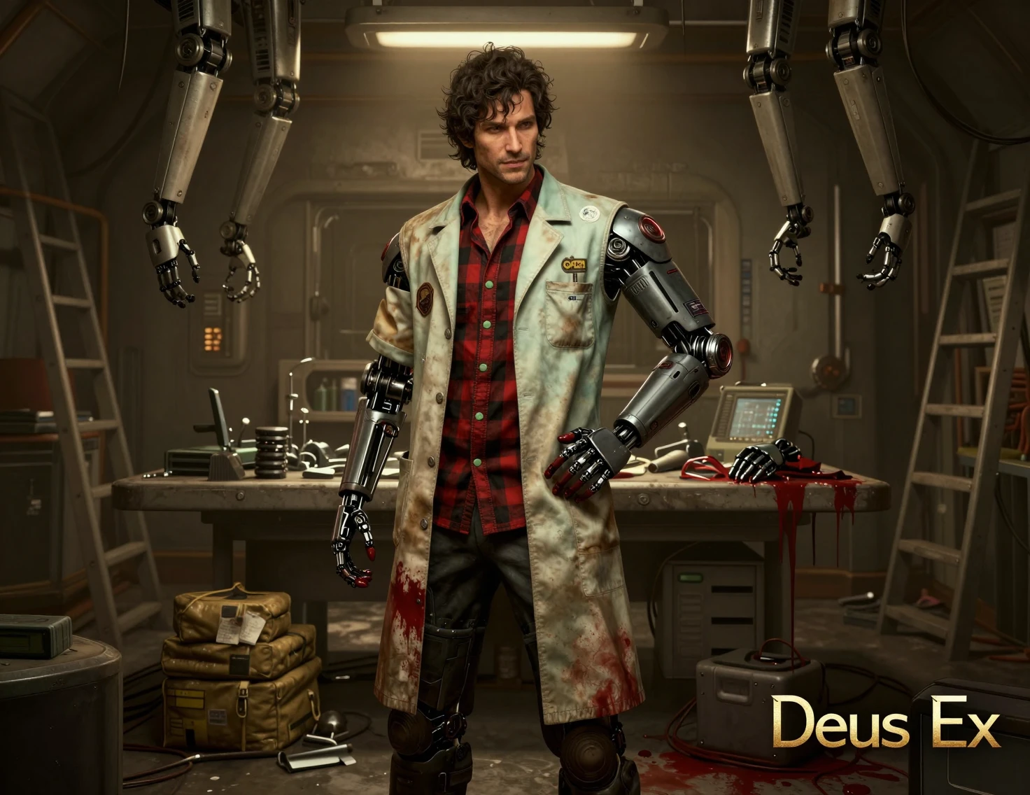 Médico aumentado em um laboratório de cirurgia cyberpunk subterrâneo e sombrio