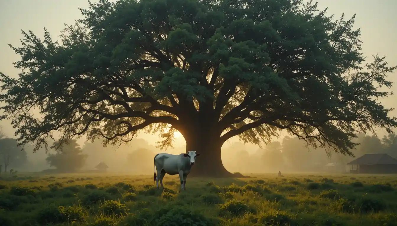 Mucca sotto un albero di banyan all’alba in un villaggio verde