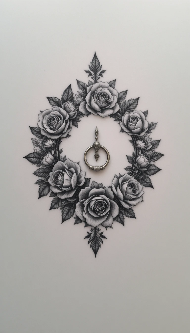 Stilisierte florale Nippel-Tätowierung mit Piercingring