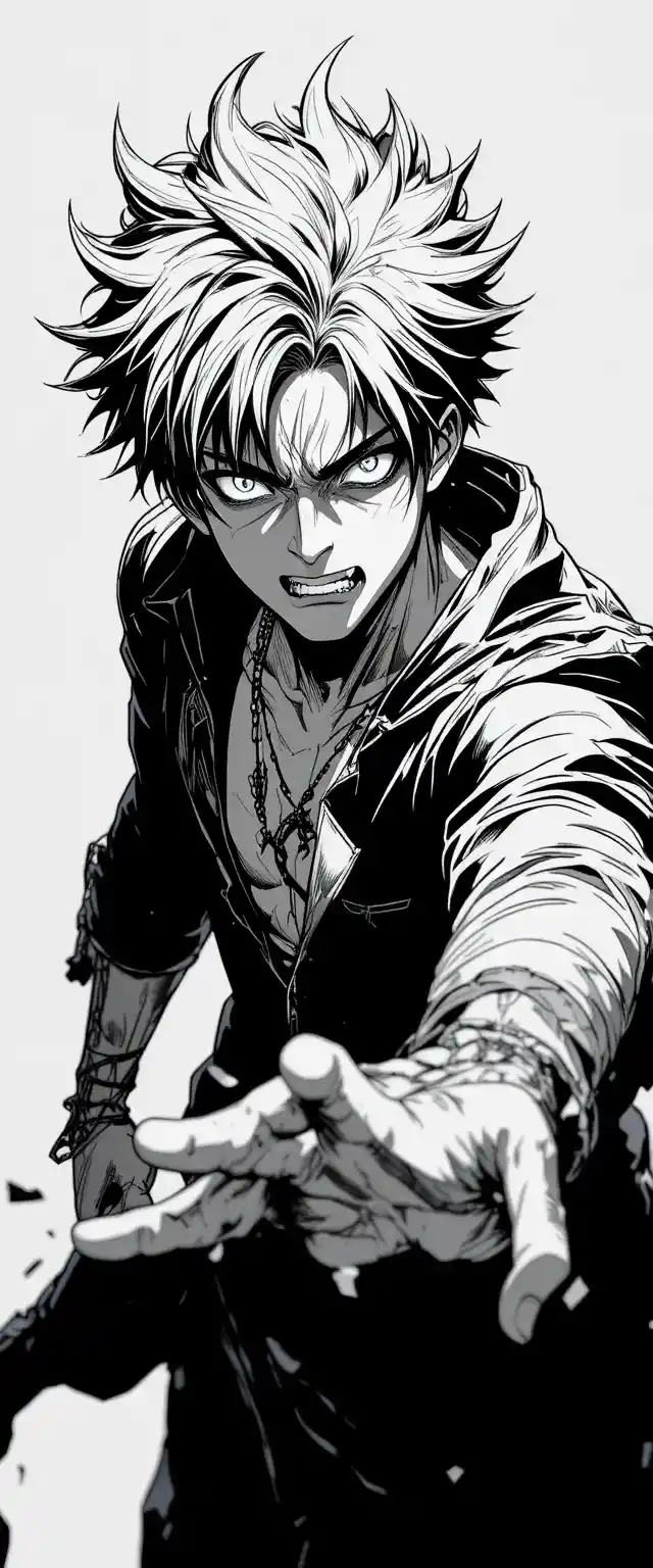 Angry anime boy in dramatic black and white manga pose