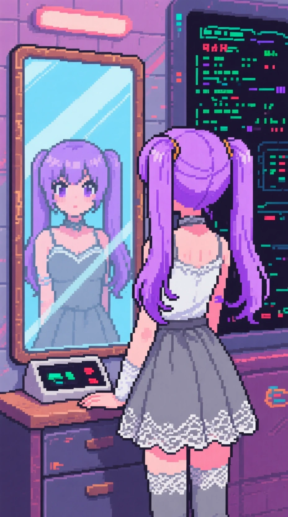 Anime-Mädchen mit fliederfarbenen Zöpfen in retro Pixel-Game-Szene