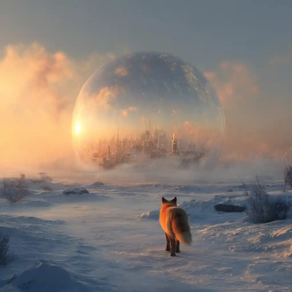 Cyberpunk automaton fox crossing a snowy futuristic city