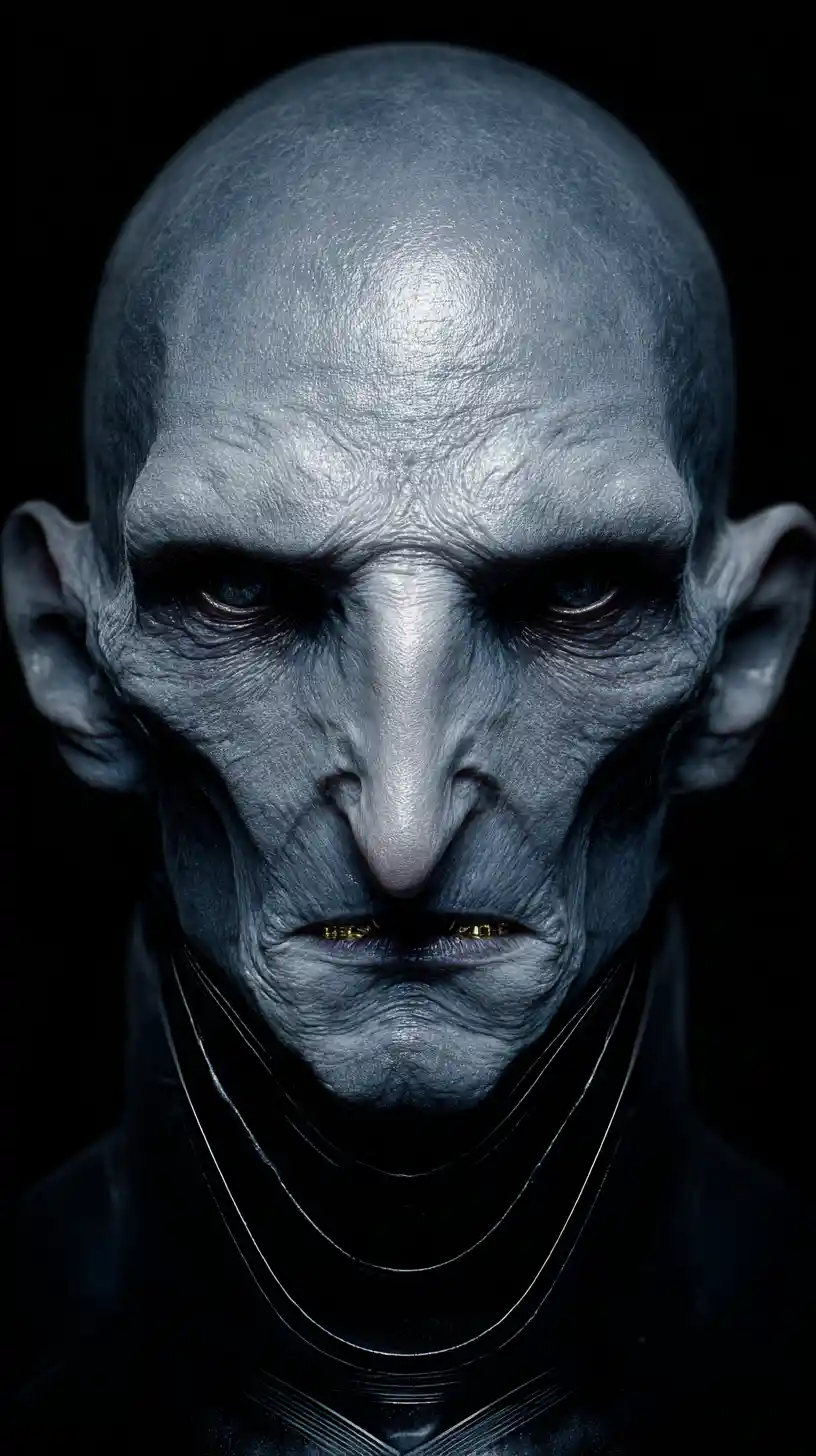 Portrait de créature humanoïde grotesque en tenue noire brillante