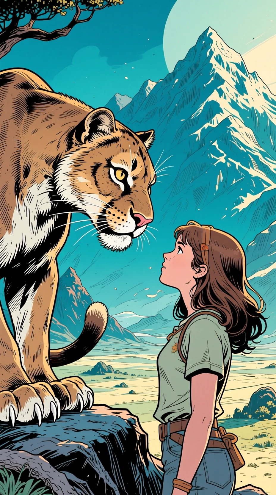 Puma di montagna che osserva una ragazza in un vasto paesaggio fantasy