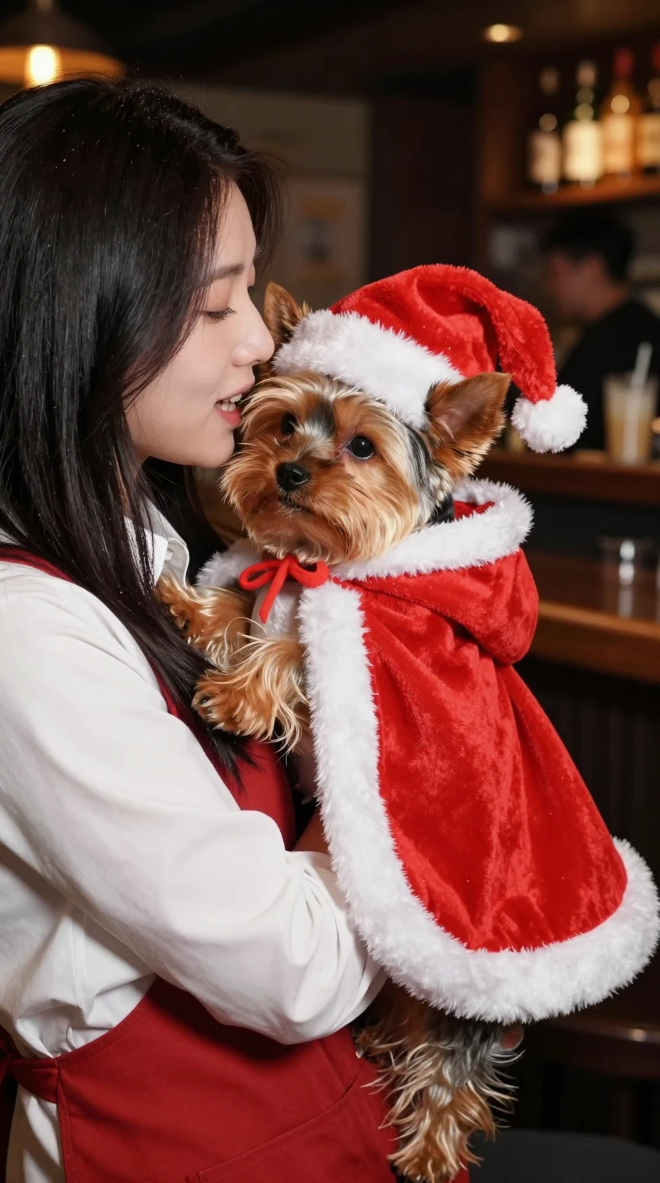 Filhote de Yorkshire Terrier mordiscando mulher em bar festivo