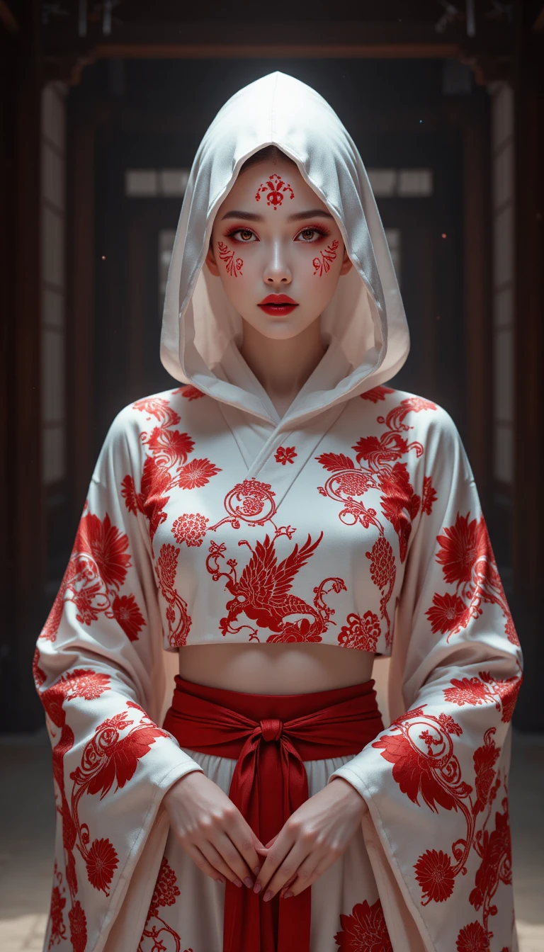 Mysterious woman in ritual red and white silk kimono outfit