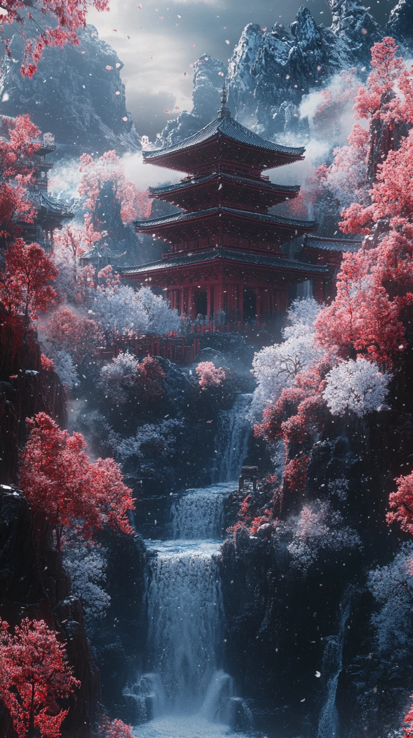 Snowy Japanese Palace With Waterfalls In Fantasy Landscape