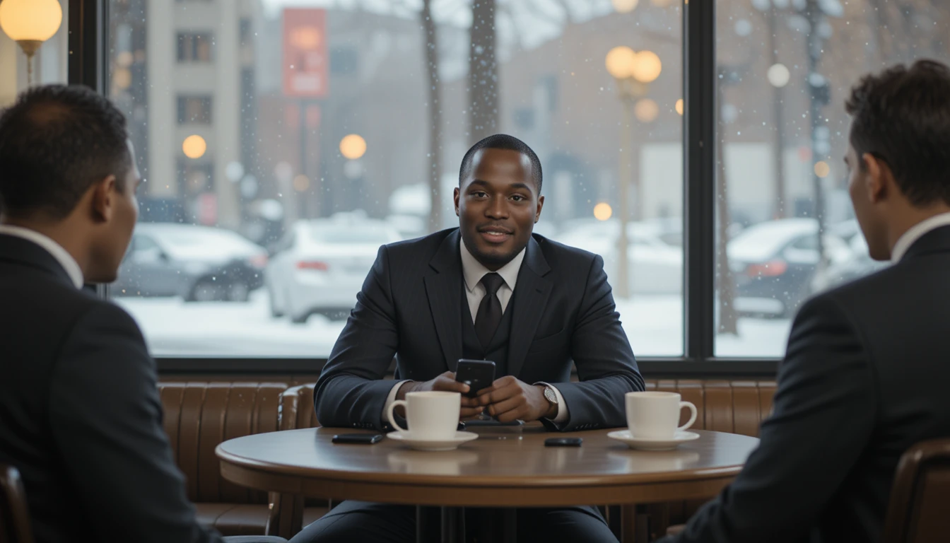 Two businessmen discussing over coffee in a modern cafe