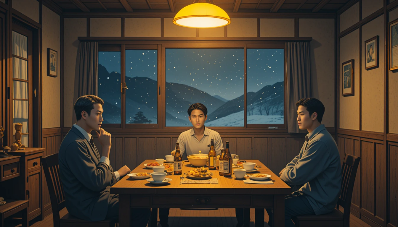 Três homens reunidos à mesa de uma aconchegante sala de estar taiwanesa