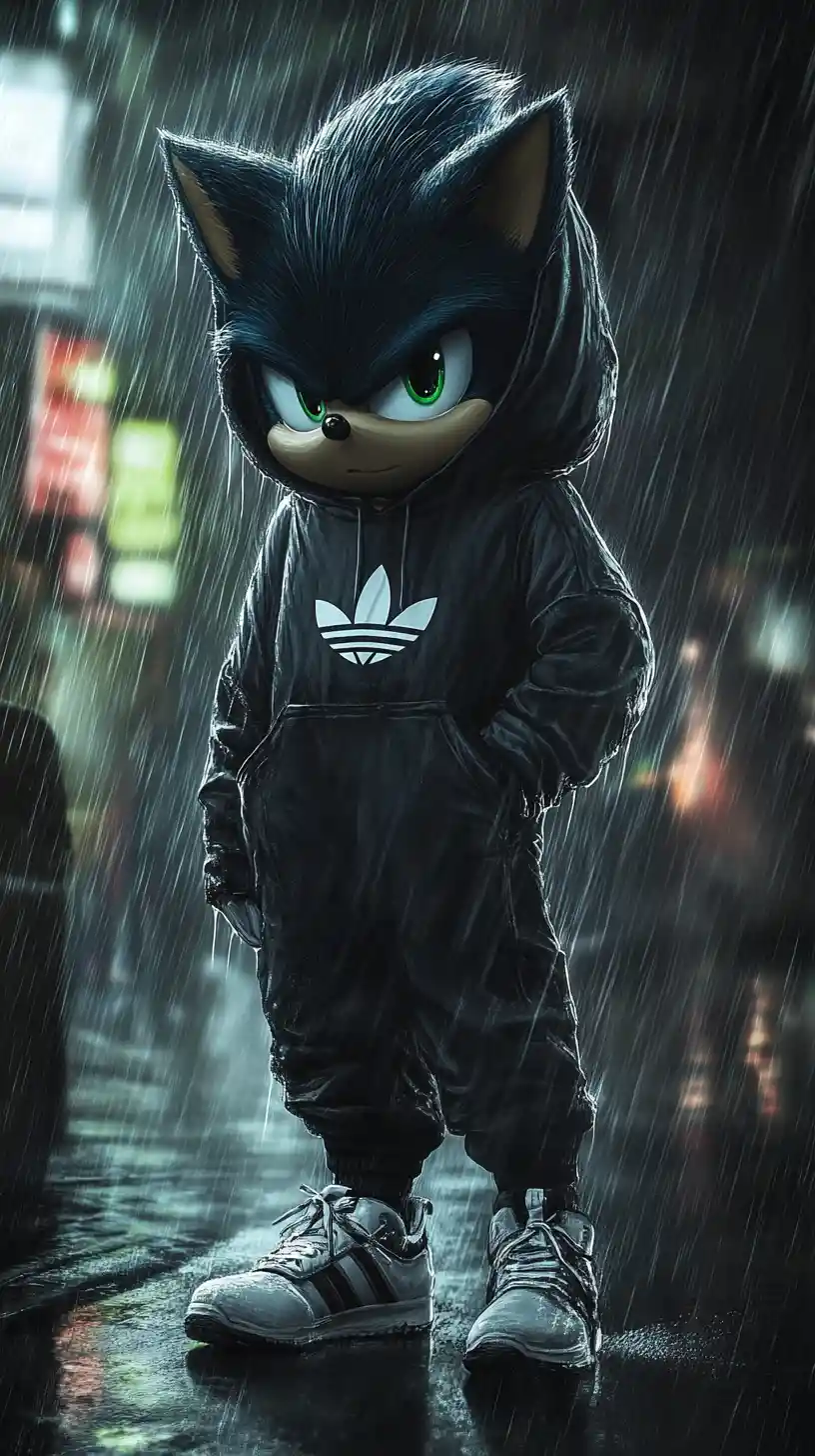 Urban hedgehog in adidas tracksuit under the rain