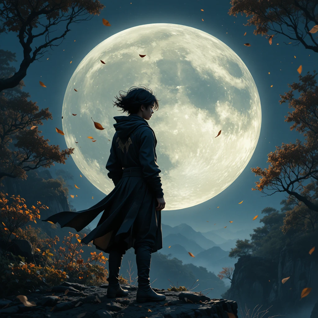 Teenage ninja on a moonlit cliff above a dark forest