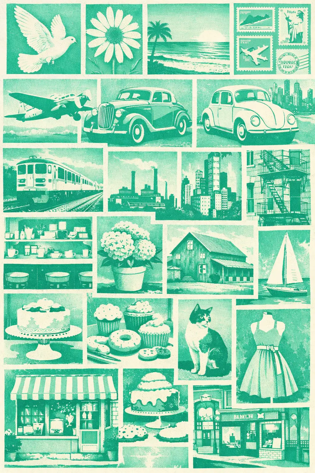 Stencil collage of serene travel and city themed illustrations
