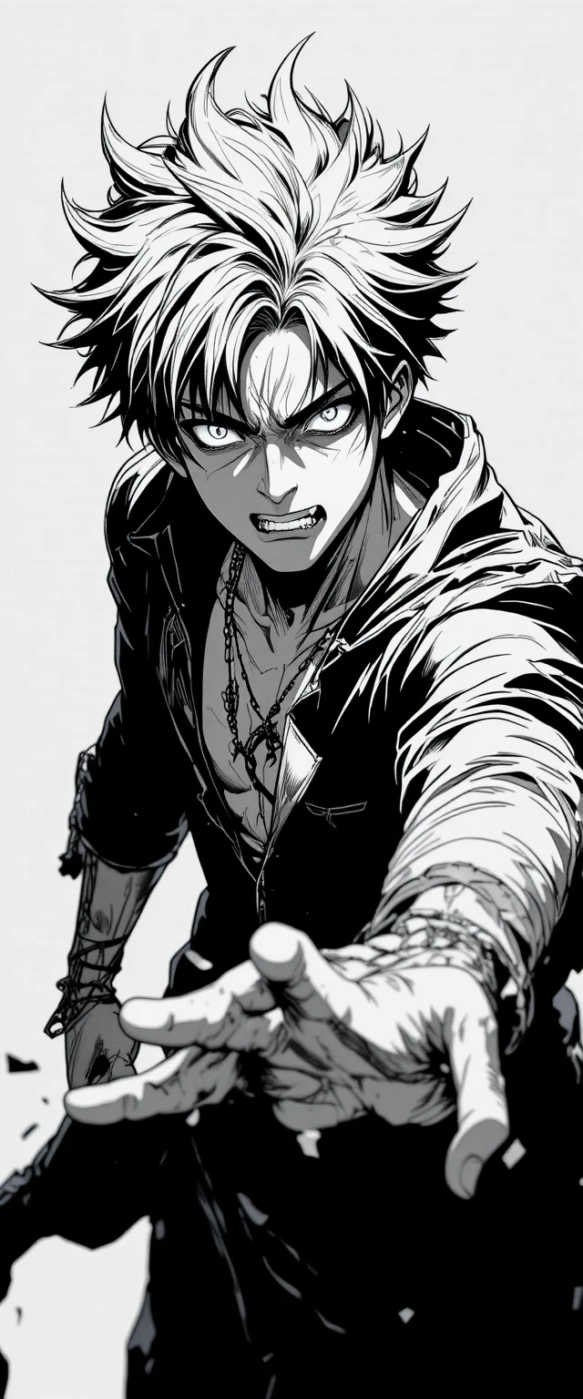 Chico de anime enfadado en una dramática pose de manga en blanco y negro