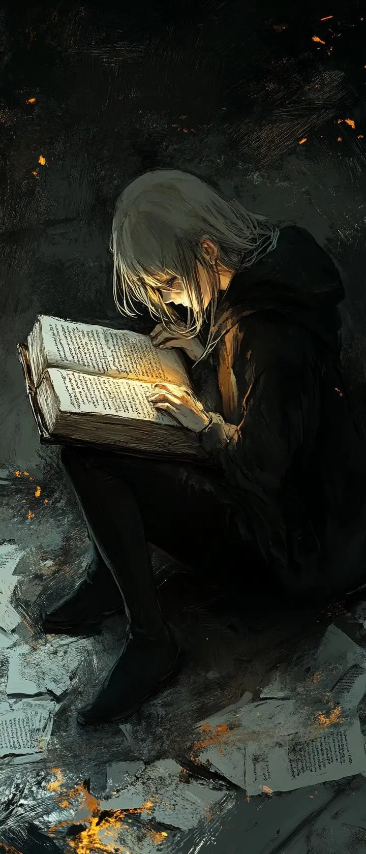 Anime-Figur mit abgenutztem Lederbuch im Chiaroscuro