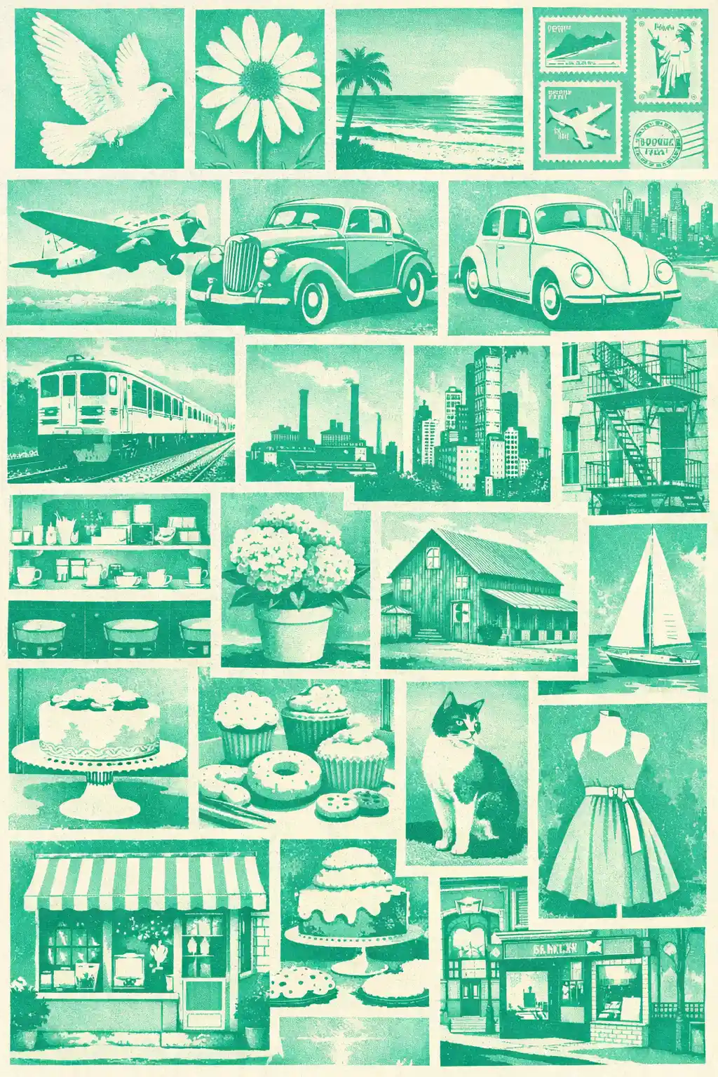 Stencil collage of serene travel and city themed illustrations