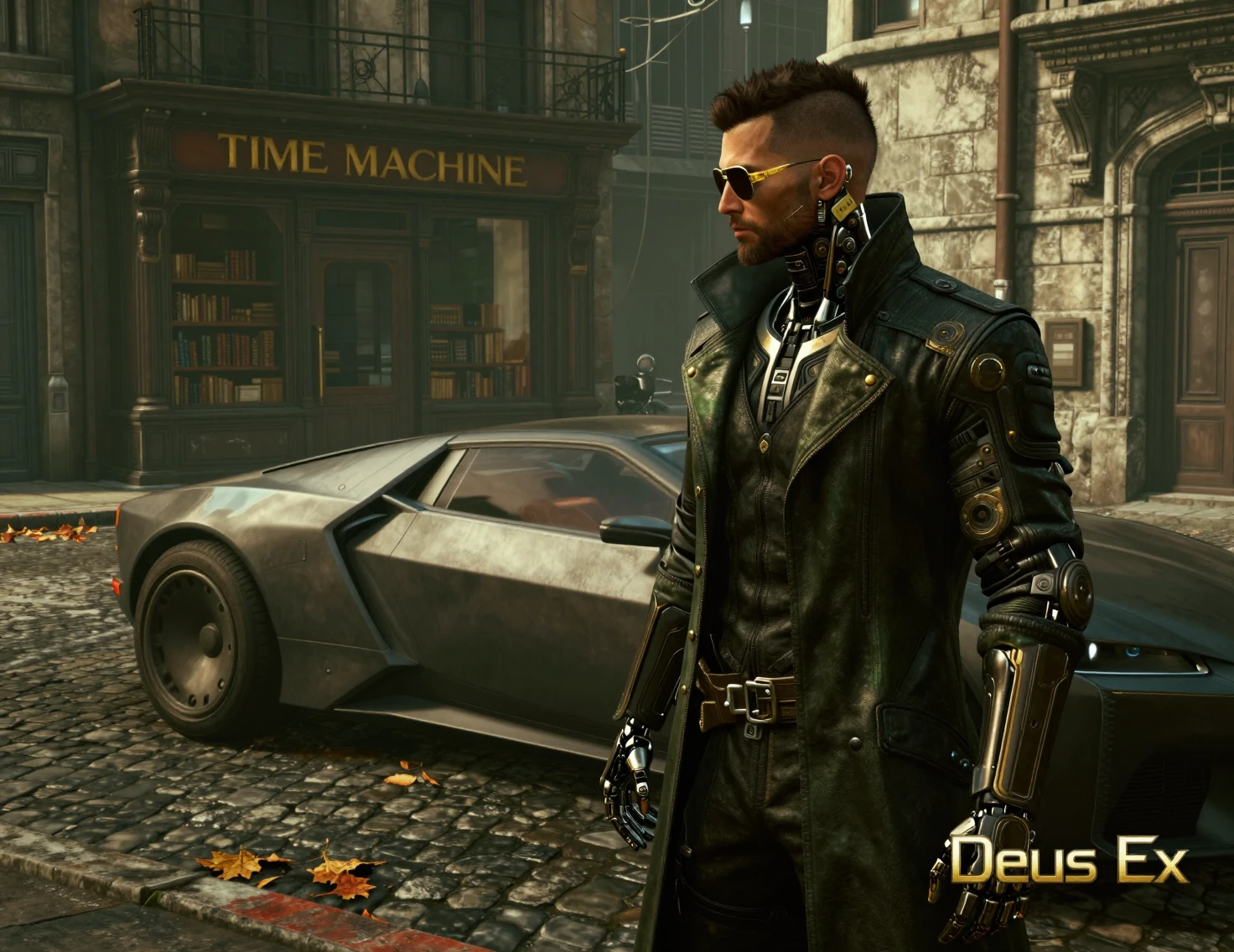 Augmented detective on a cyberpunk european street corner