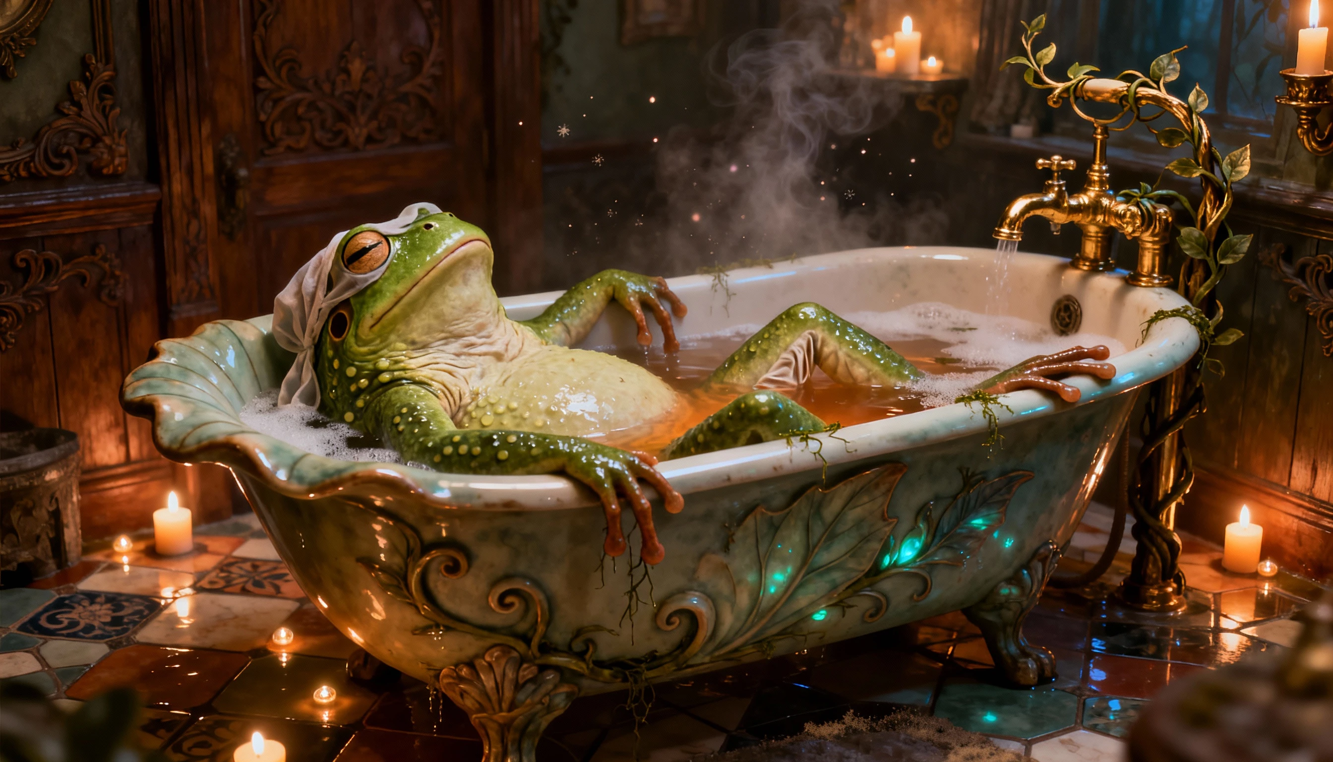 Grenouille détendue se baignant dans une baignoire en porcelaine féerique