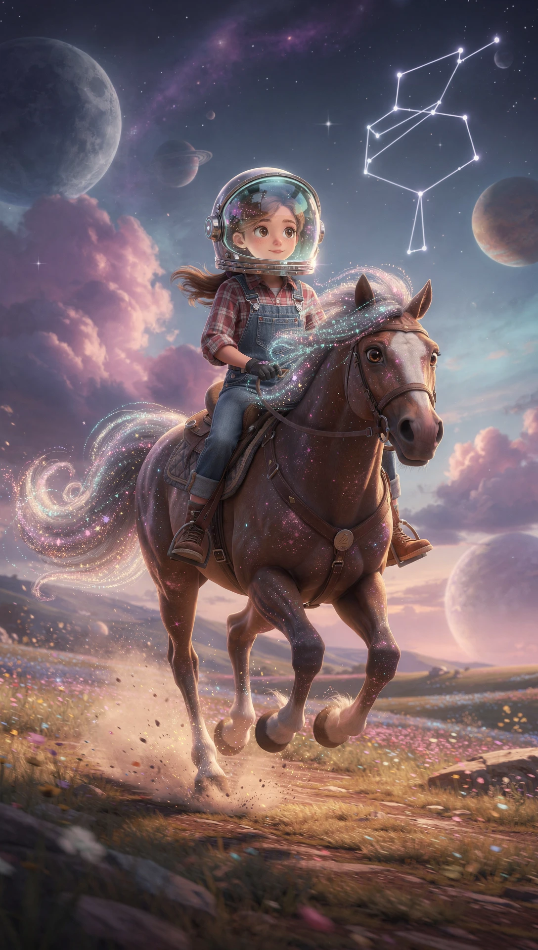 Ragazza di campagna astronauta che cavalca un cavallo galattico tra le nebulose
