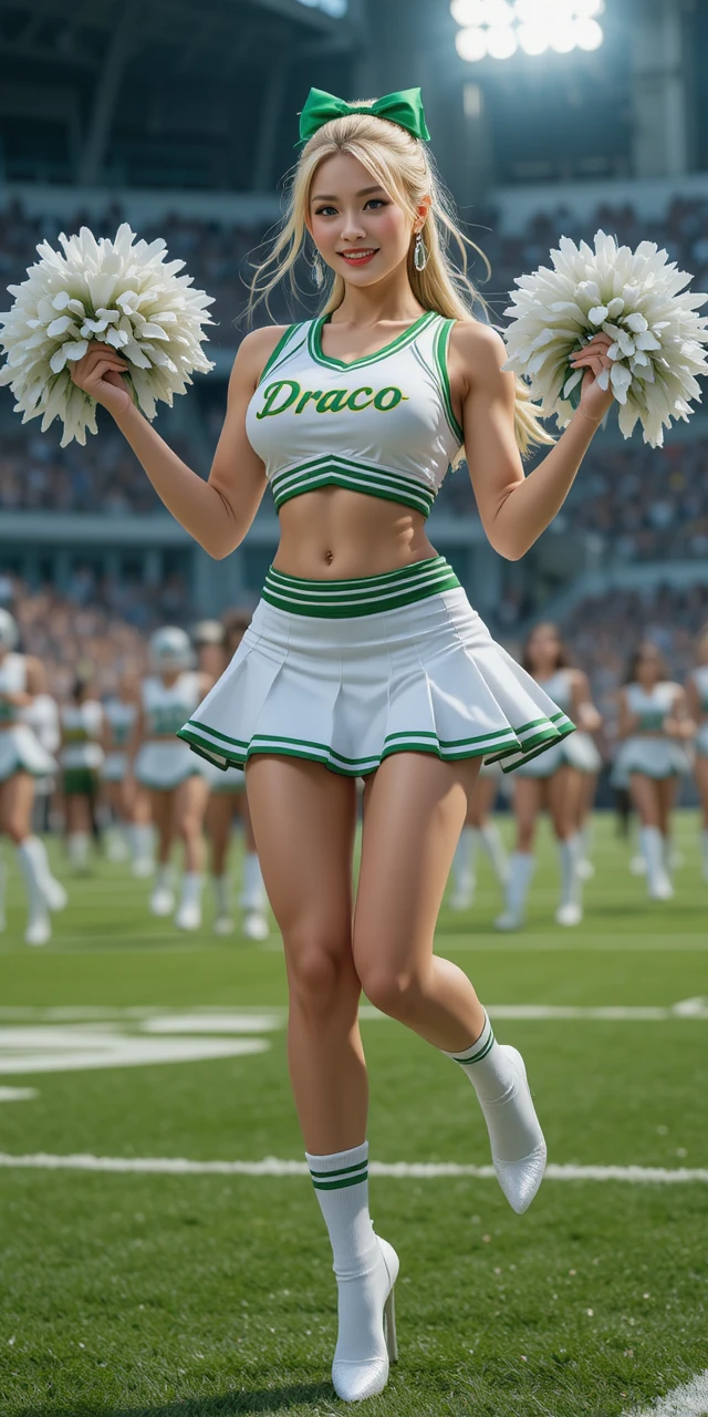 Blonde cheerleader jumping with pompoms on football field