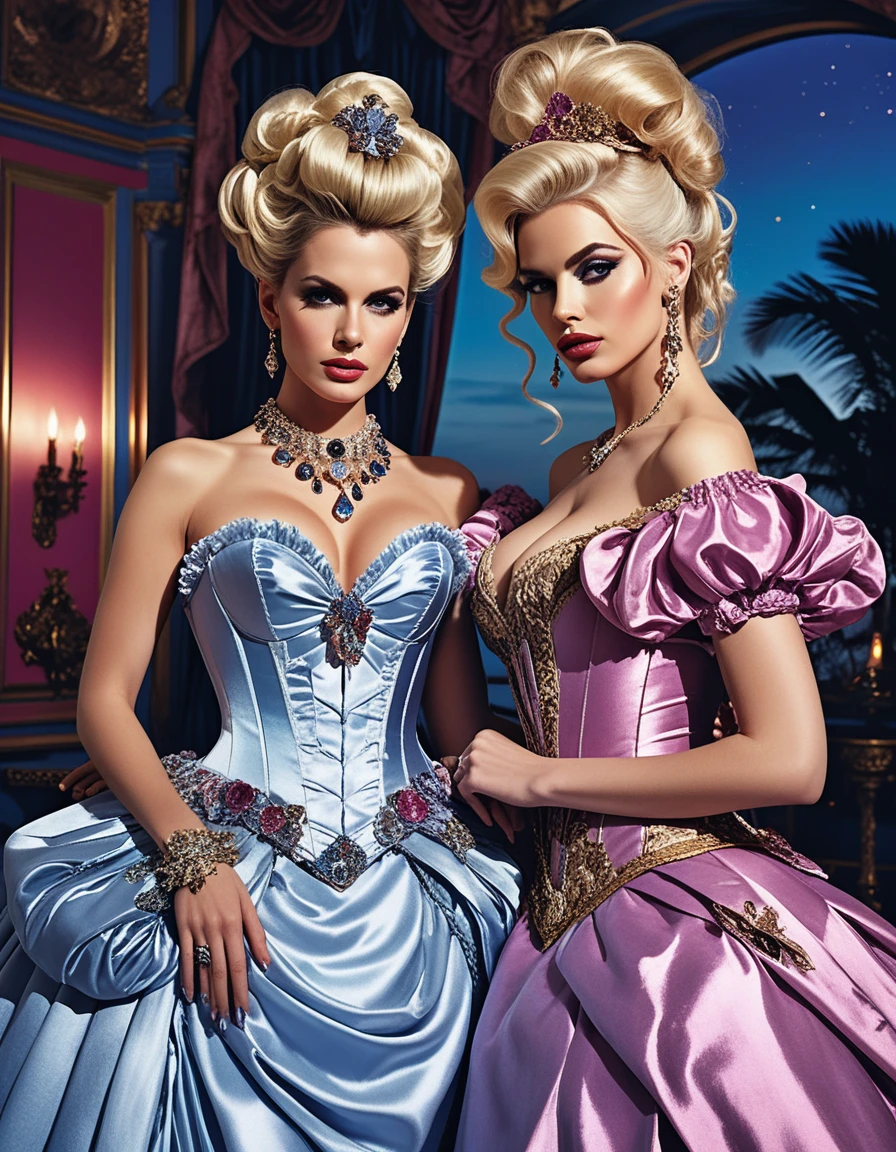 Due donne glamour salutano lo spettatore a una festa in costume rococò