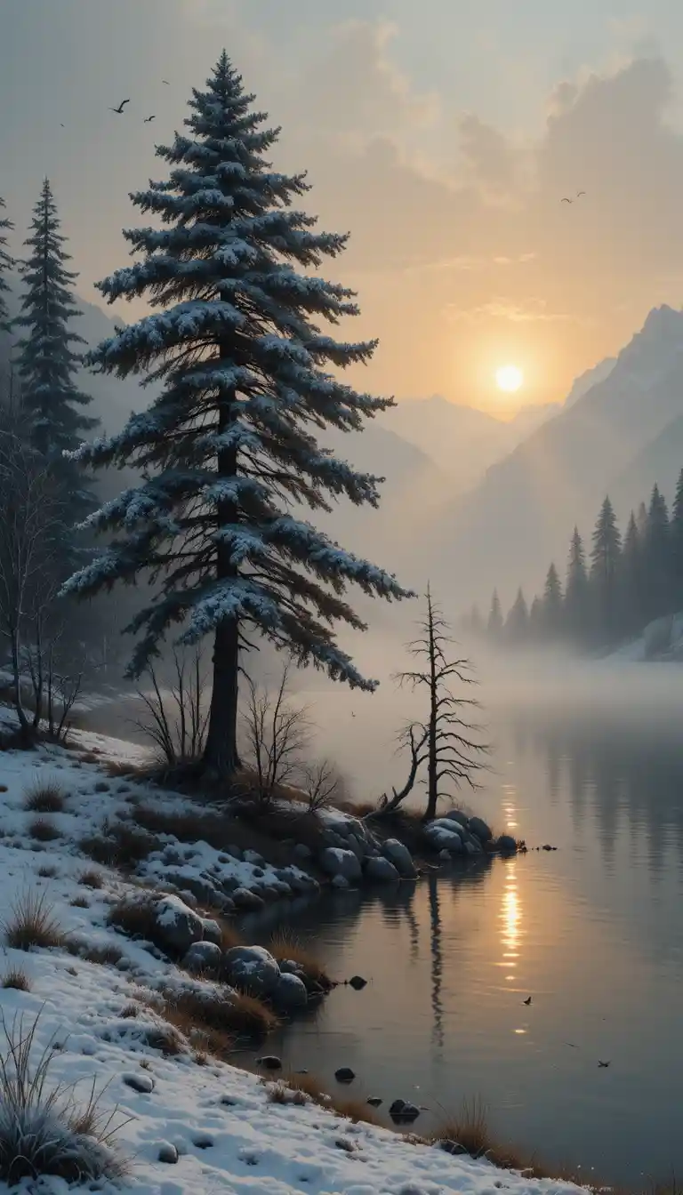 Misty winter sunset over a tranquil mountain lake