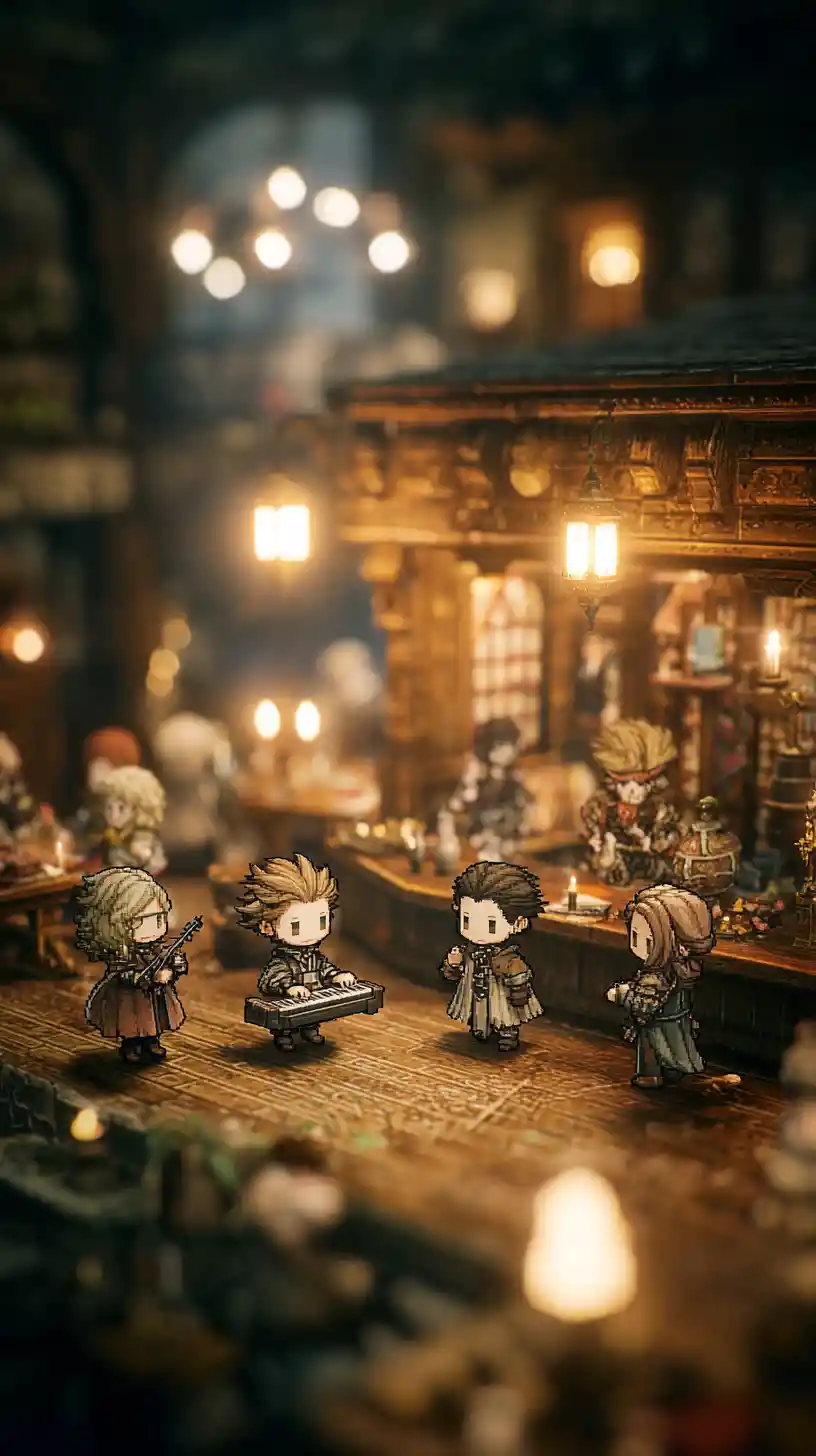 Adventurer party and cat playing music in cozy inn