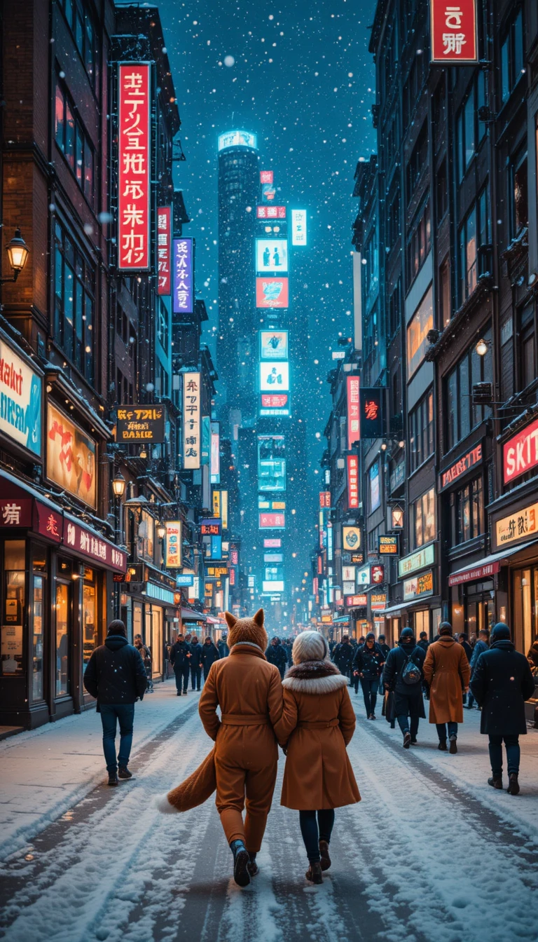 Strada cittadina innevata di notte con insegne al neon luminose